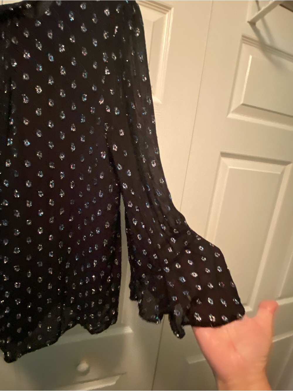 LOFT  Black Peasant Long Sleeve Blouse with metallic color dots Size Large - Picture 9 of 11